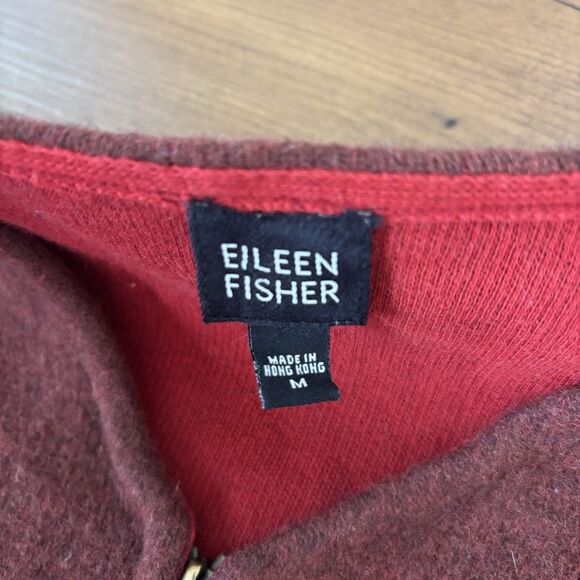 Eileen Fisher Cardigan Sweater Lambs Wool Knit Pockets Zip Up Dark Red M Flawed - Picture 7 of 7